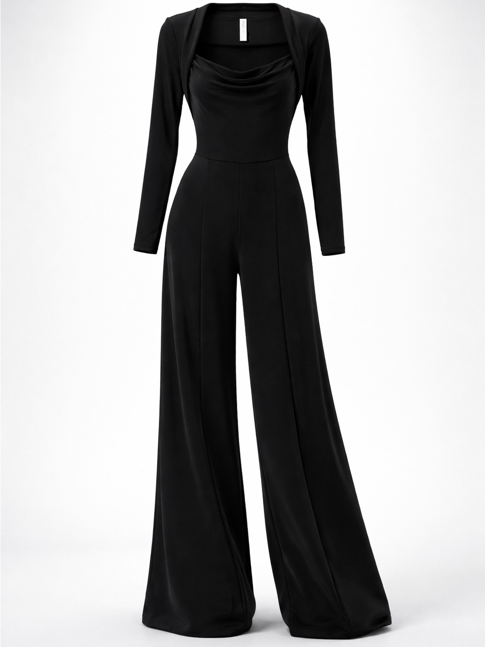HALARA Black Long-Sleeve Wide-Leg Jumpsuit with Draped Neckline - Picture 6 of 6